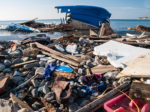 Mithymna, Molyvos, Lesbos Island, Mediterranean Sea
<p>Wrecked refugee-boat at Delfinia Beach close to Mithimna</p><p>  beach, boat, coast, Lesbos, lifevest, Mediterranean, Molivos, Molyvos, Mithymna, Mithimna, refugees, ship, shipwreck, waste, trash <br /></p>
Coastline - Beach, Sea/Ocean, Pollution/Litter/Relics, Island, Public area/Beach, Geography - Temperate
© Wolf Wichmann